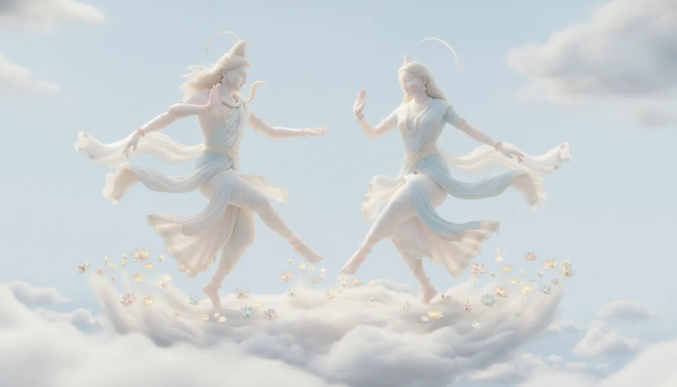 Shiva and Parvati dancing peacefully with lotus flowers blooming in clouds
