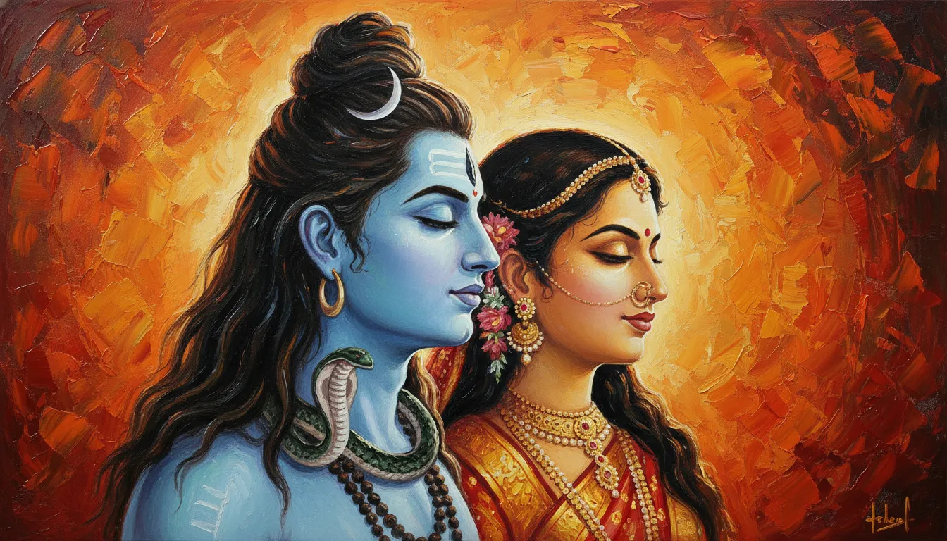 Traditional side-profile painting of Lord Shiva and Goddess Parvati with serene expressions, detailed gold crown, and warm devotional background textures.
