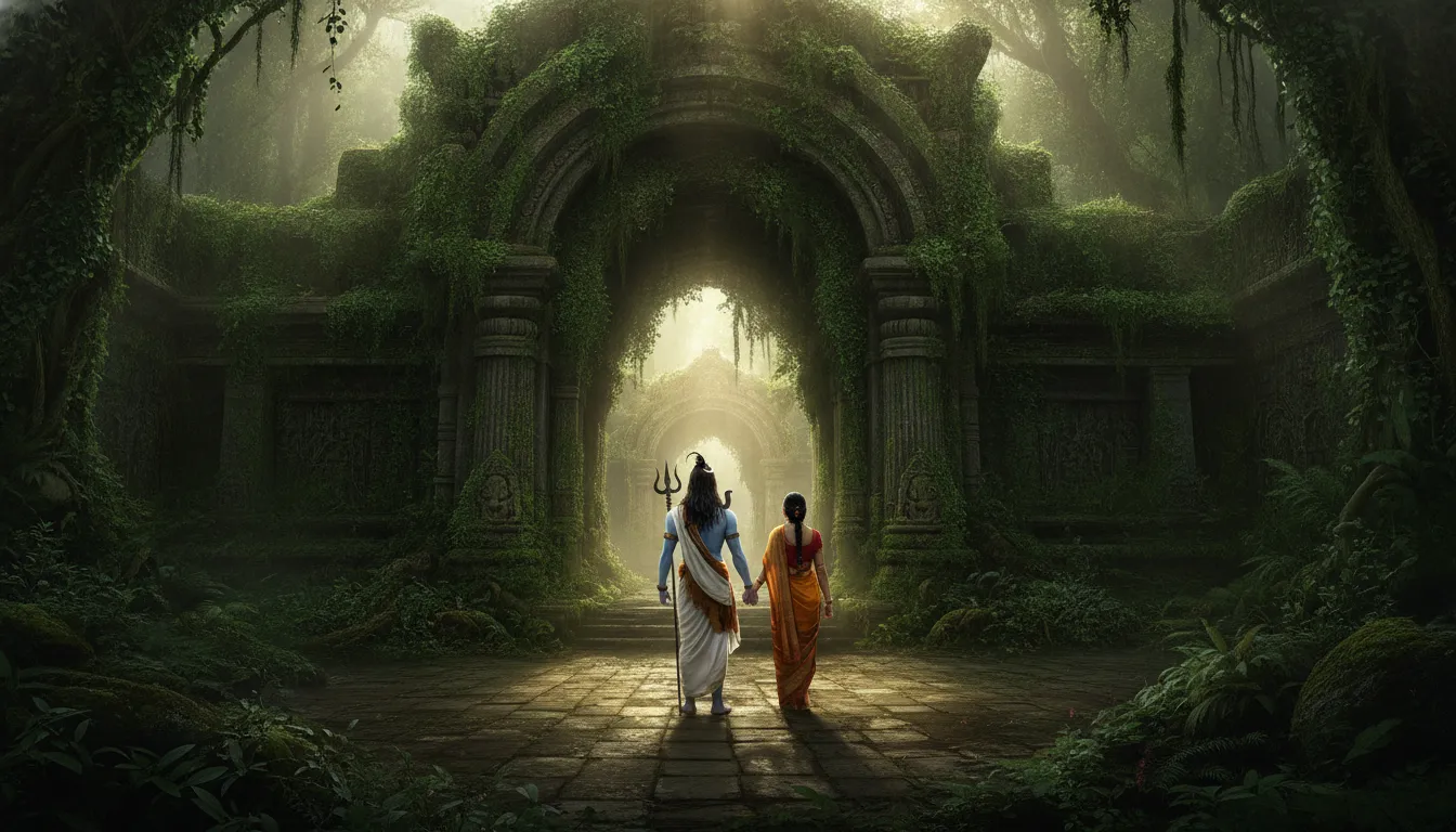 Shiva and Parvati approaching an ancient stone temple hidden inside a thick forest