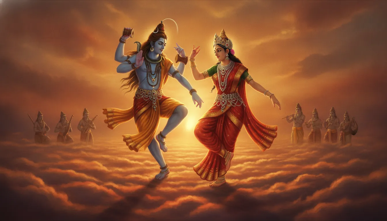 Shiva and Parvati surrounded by faint celestial figures dancing in clouds