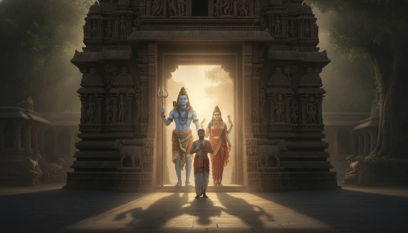 Lord Shiva and Goddess Parvati standing at a glowing golden temple entrance blessing a humble devotee