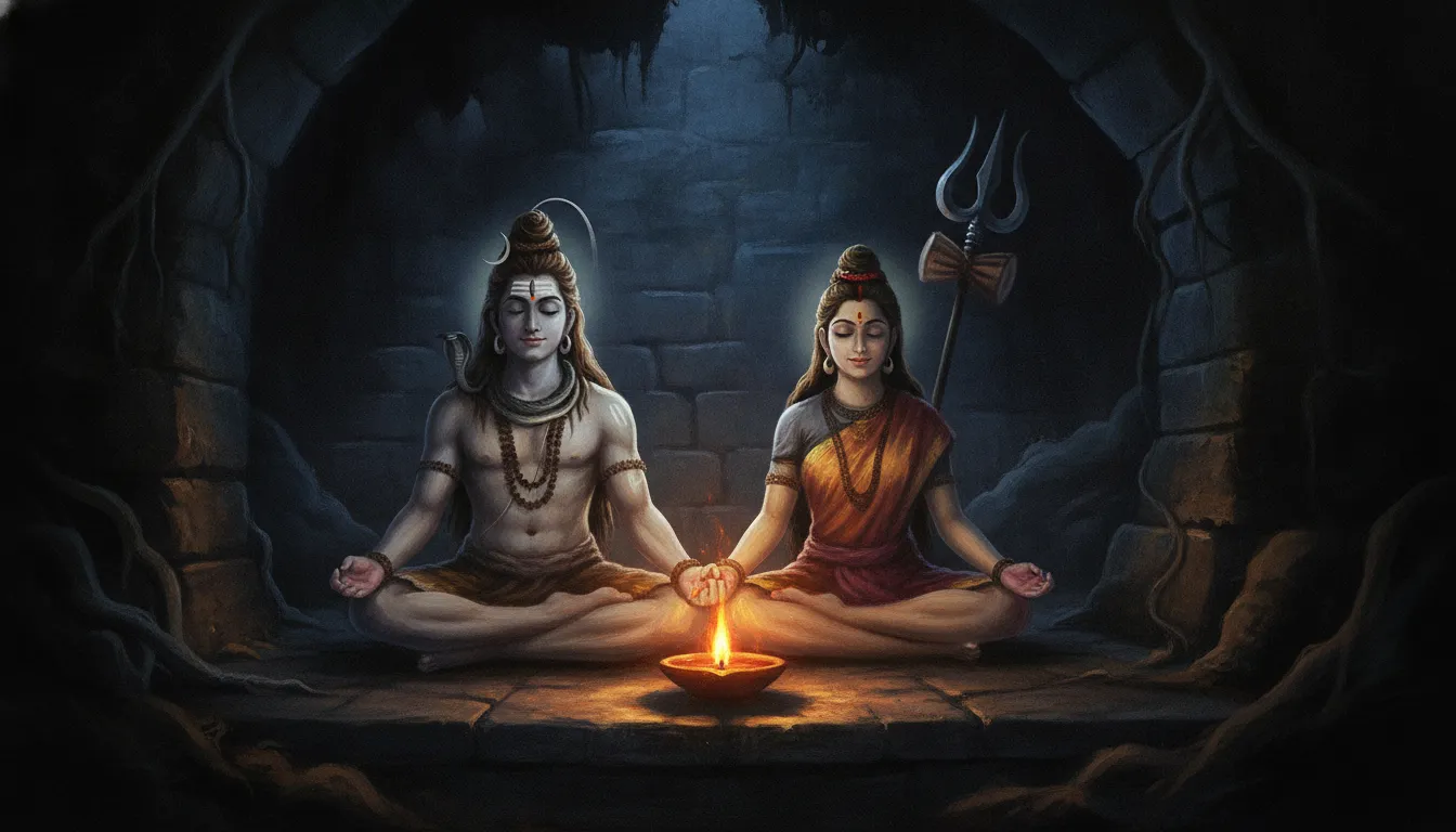 Moody spiritual image of Shiva and Parvati meditating side by side in dim lighting