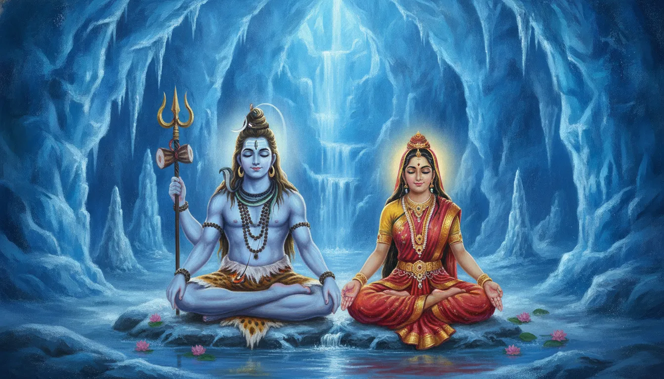 Cartoon animation of Lord Shiva and Goddess Parvati meditating deeply inside a bright blue icy cave.