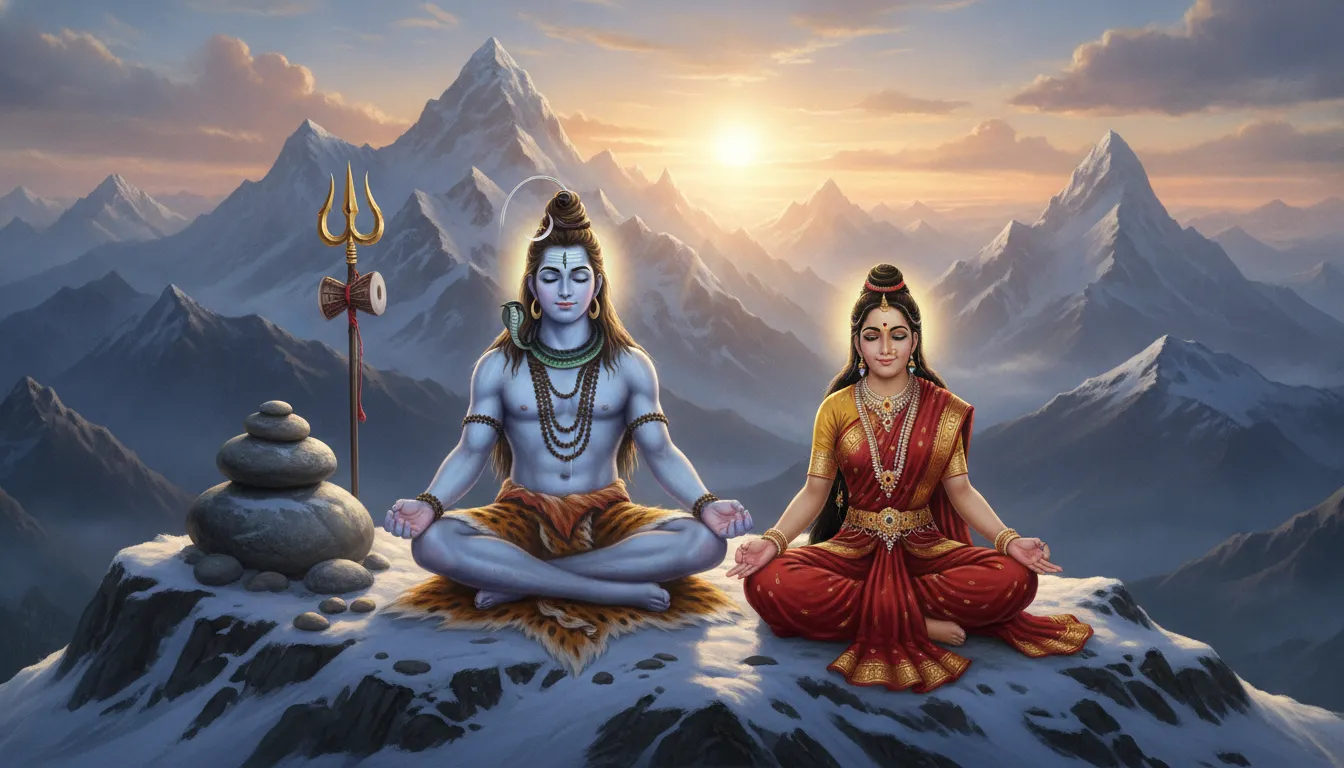 Shiva and Parvati sitting side by side meditating on snow-covered Mount Kailash
