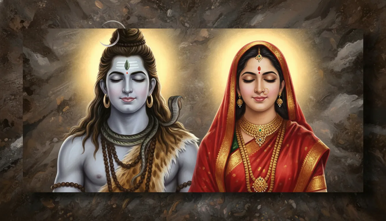 Meditative traditional art of Shiva and Parvati featuring a soft golden halo, closed eyes, dark wavy hair, and a textured brown background.