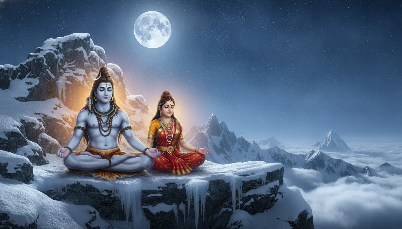 Shiva and Parvati sitting side by side in deep meditation on the snowy peaks of Mount Kailash.