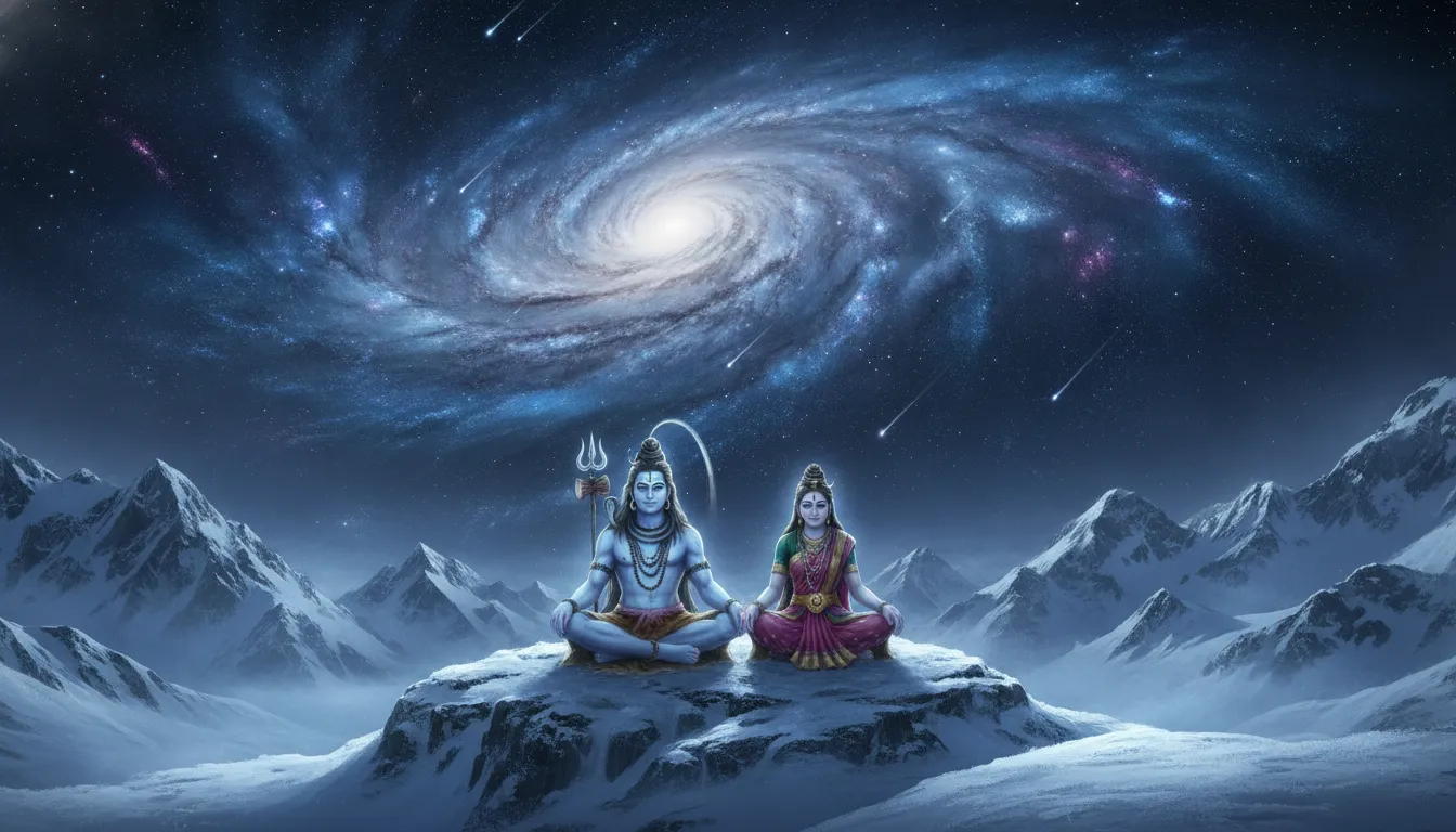 Majestic depiction of Shiva and Parvati meditating on Mount Kailash under a swirling galaxy night sky