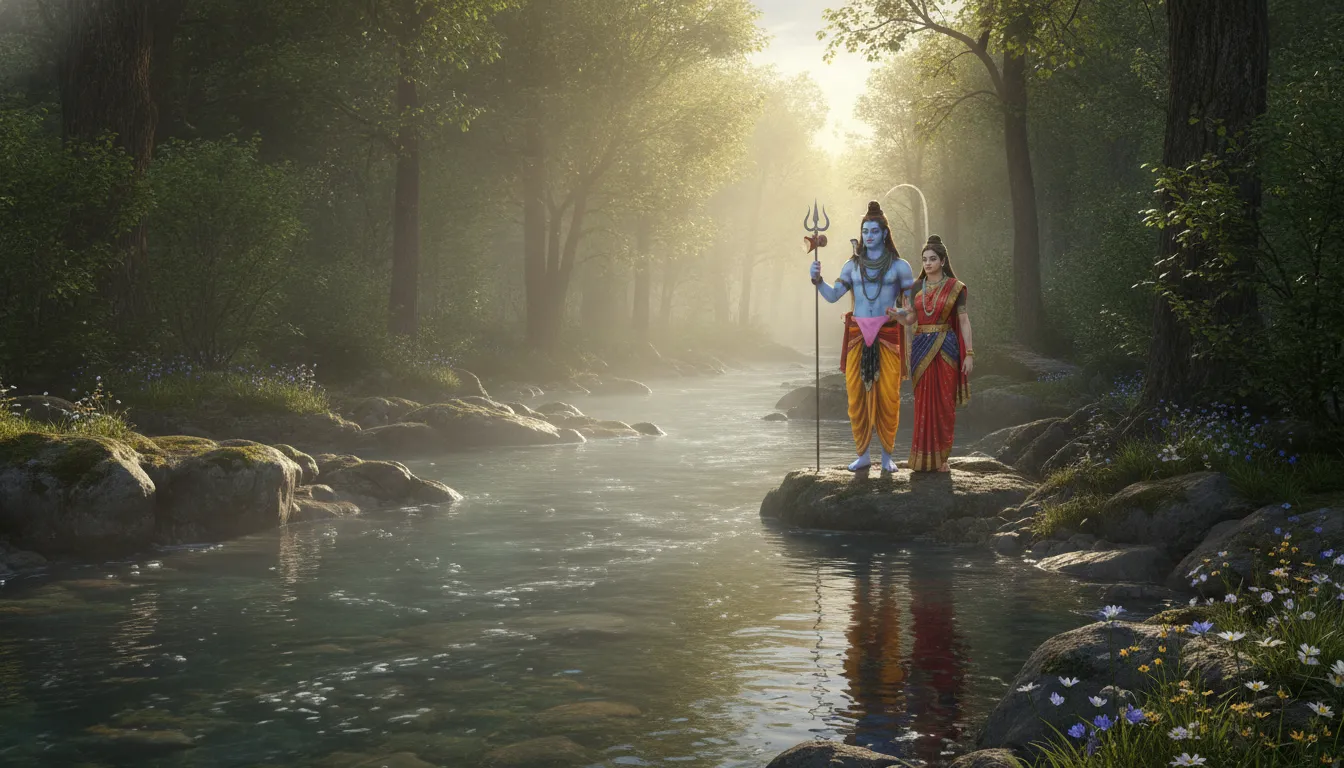Lord Shiva and Goddess Parvati standing near a flowing river in forest at dawn