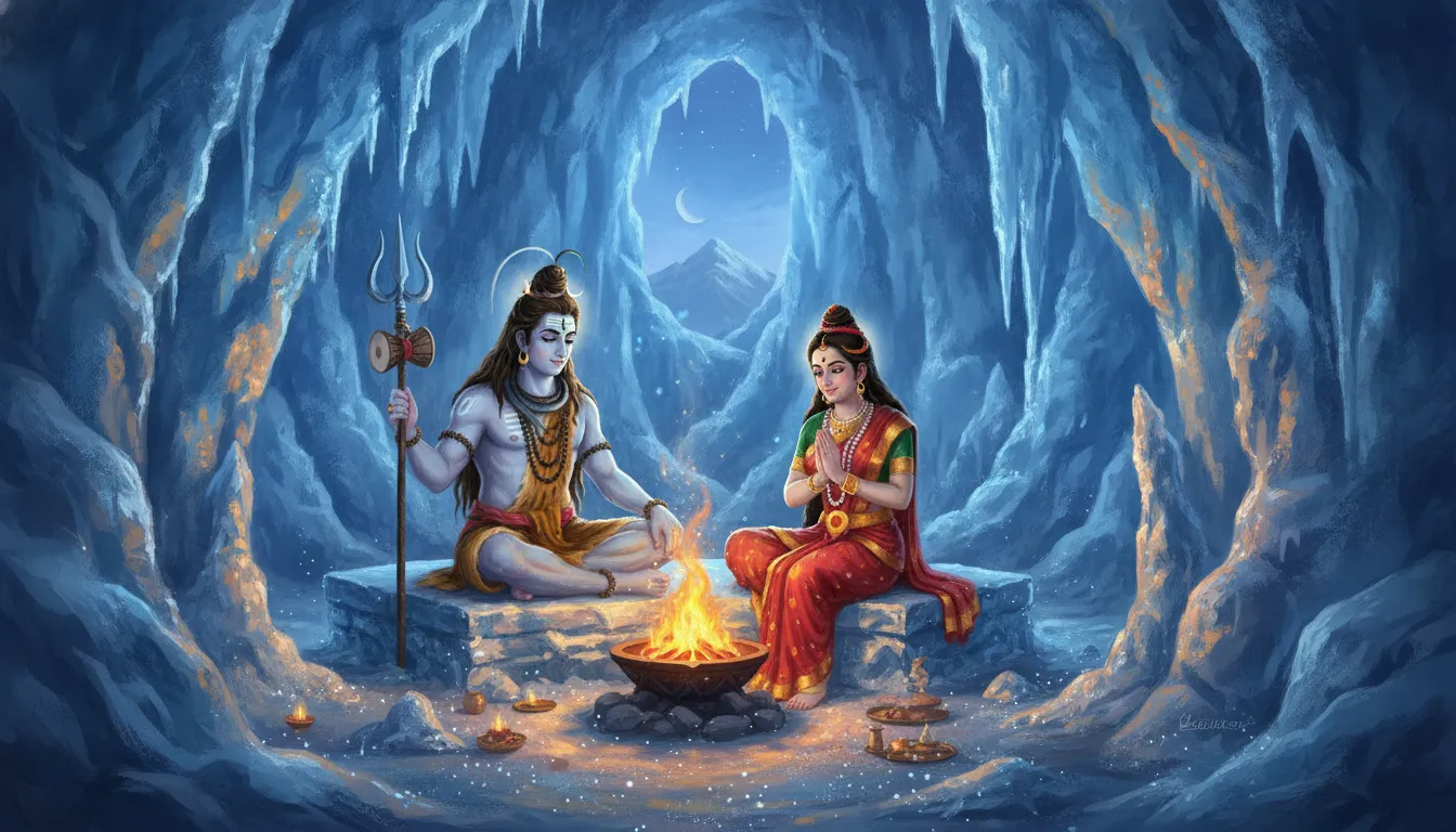 Cartoon depiction of Shiva and Parvati sitting near a small holy fire inside a blue ice cave.