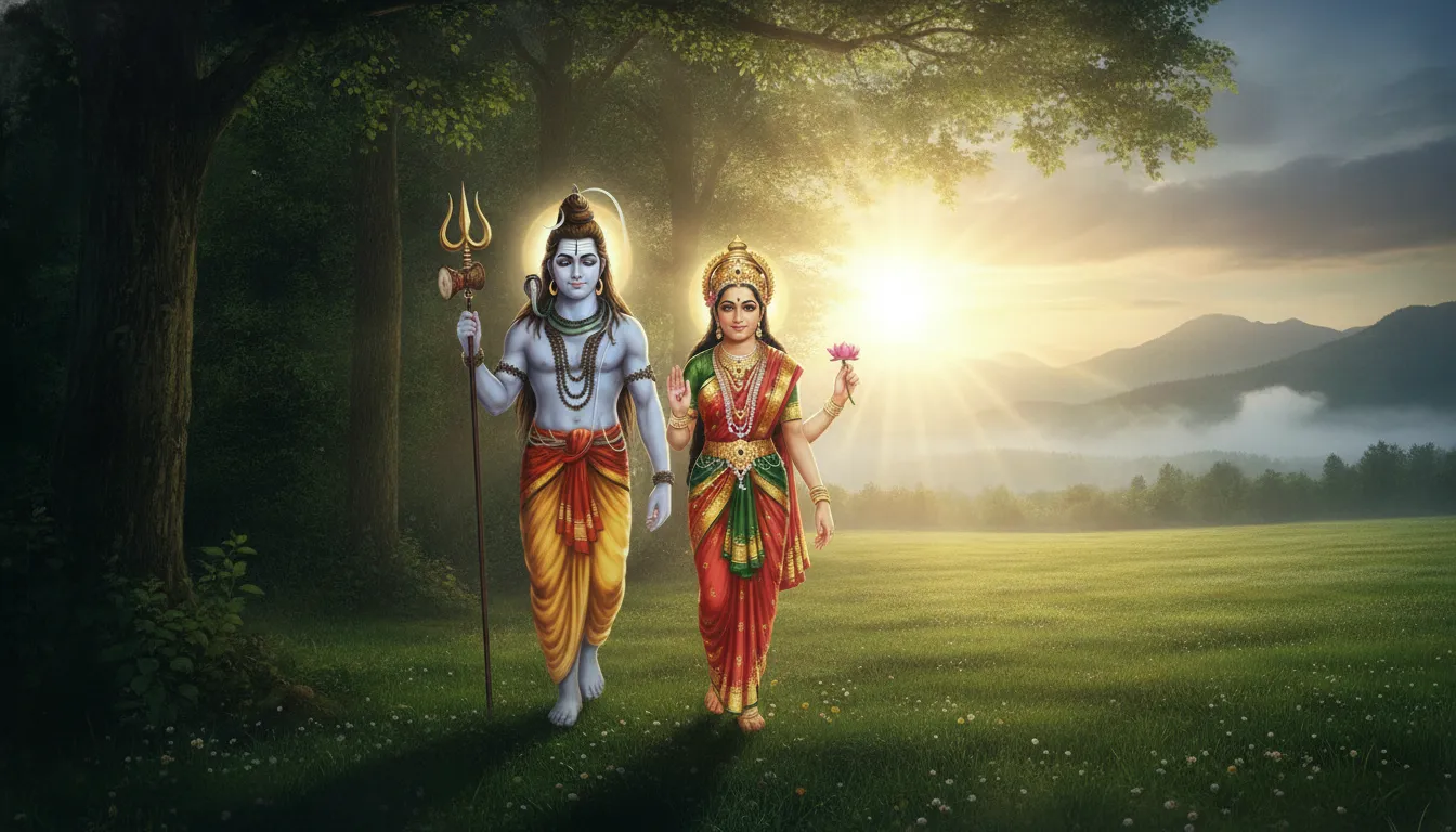 Shiva and Parvati emerging from dark forest trees into a bright sunlit clearing