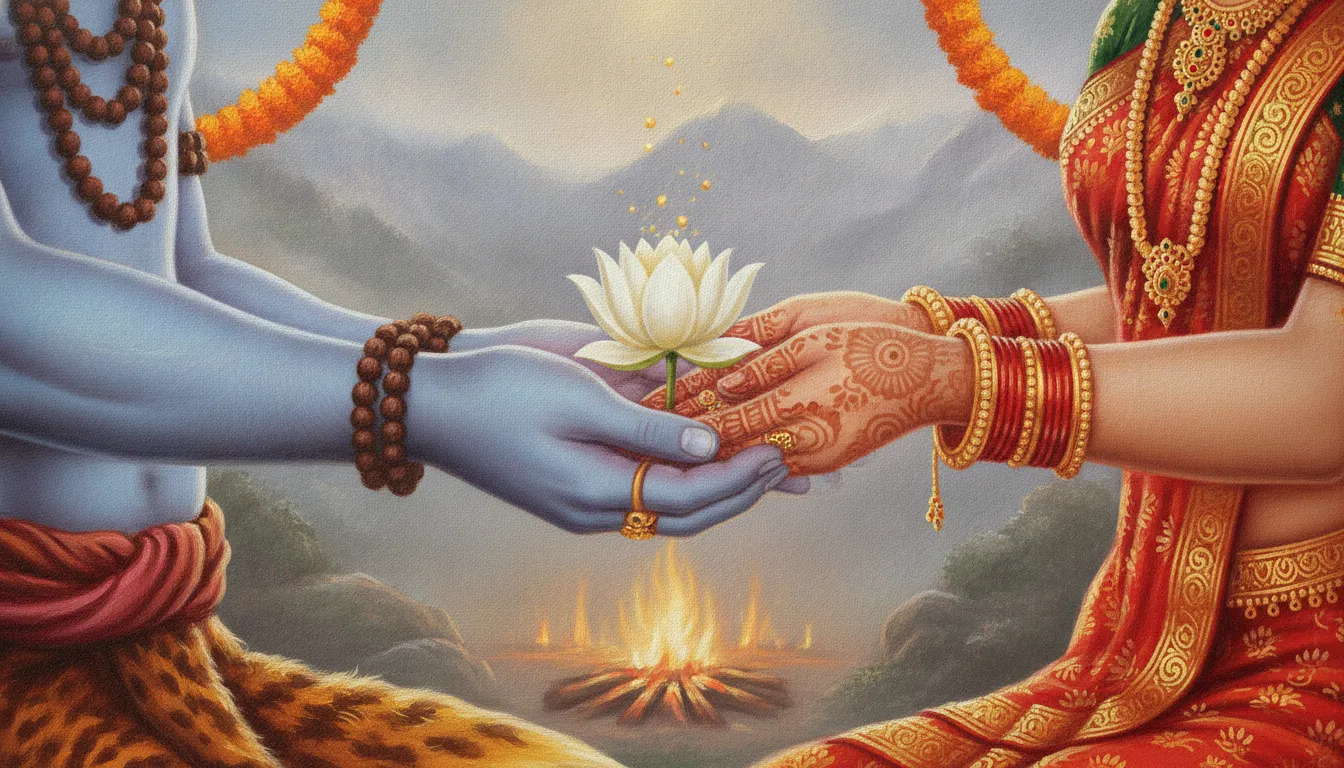 Close up digital art of the sacred handholding ritual between Lord Shiva and Goddess Parvati.