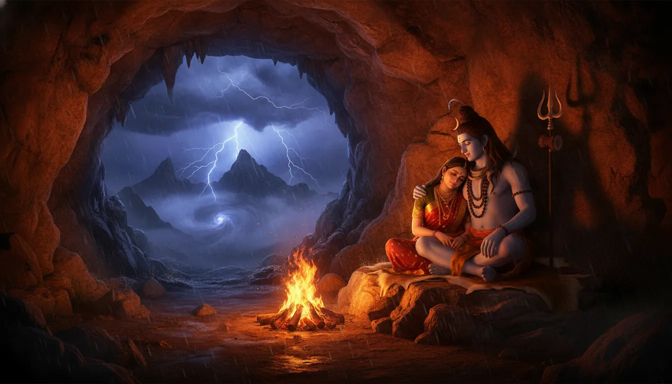 Shiva and Parvati sitting together near a small bonfire inside a cave during a mountain storm.