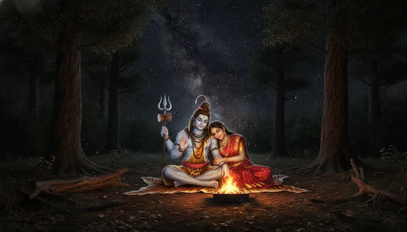 Shiva and Parvati sitting together near a small sacred fire in the forest at night