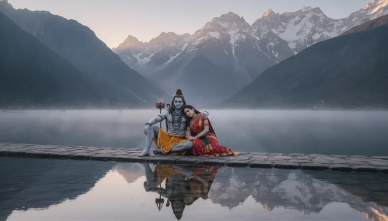 Peaceful digital art of Shiva and Parvati sitting together by a calm mountain lake at sunrise.