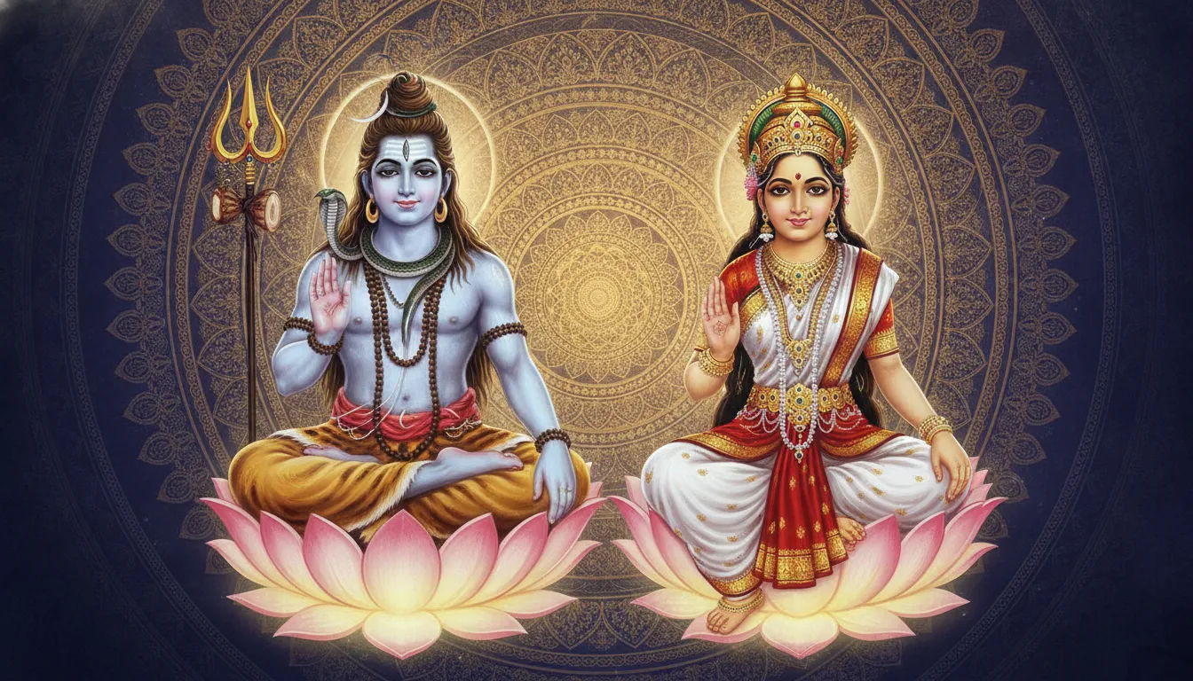 Lord Shiva and Goddess Parvati seated on lotus platforms with blessing gestures