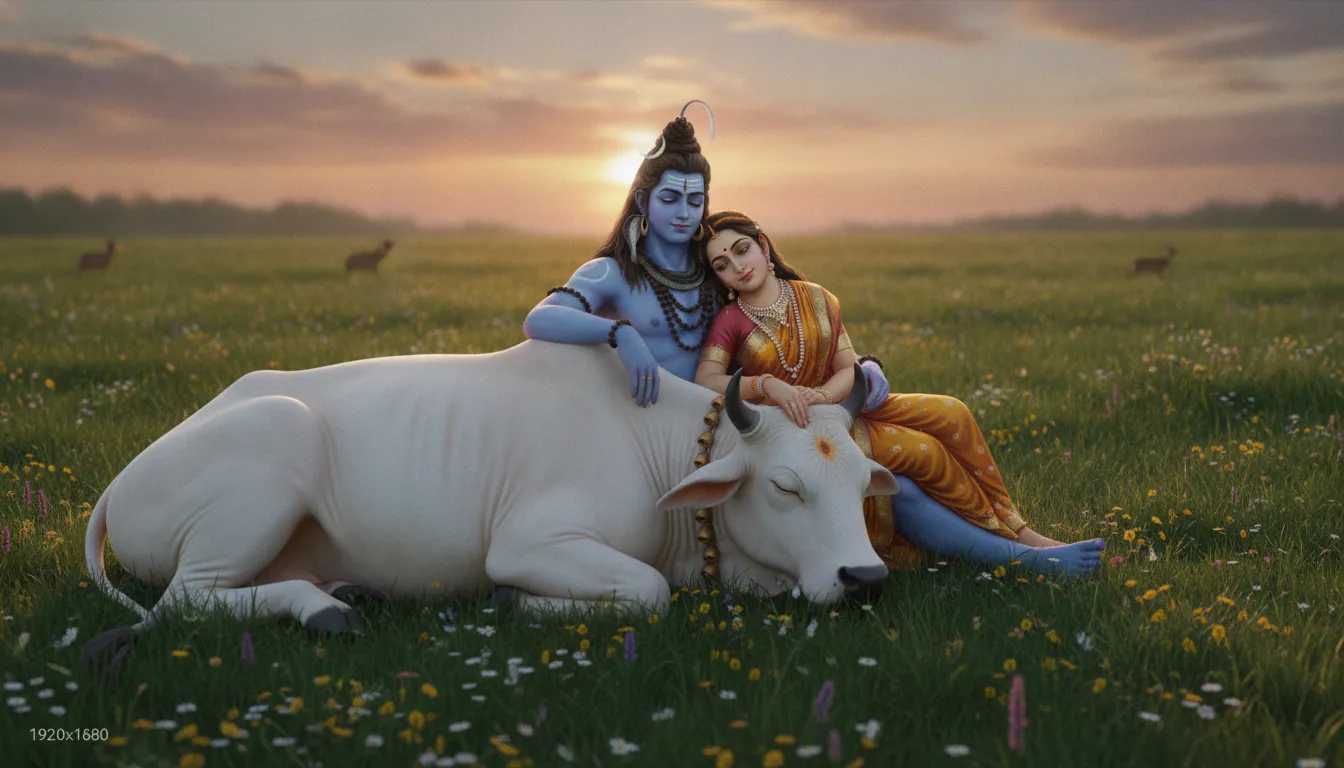 Shiva and Parvati leaning comfortably against the white Nandi bull in a green meadow