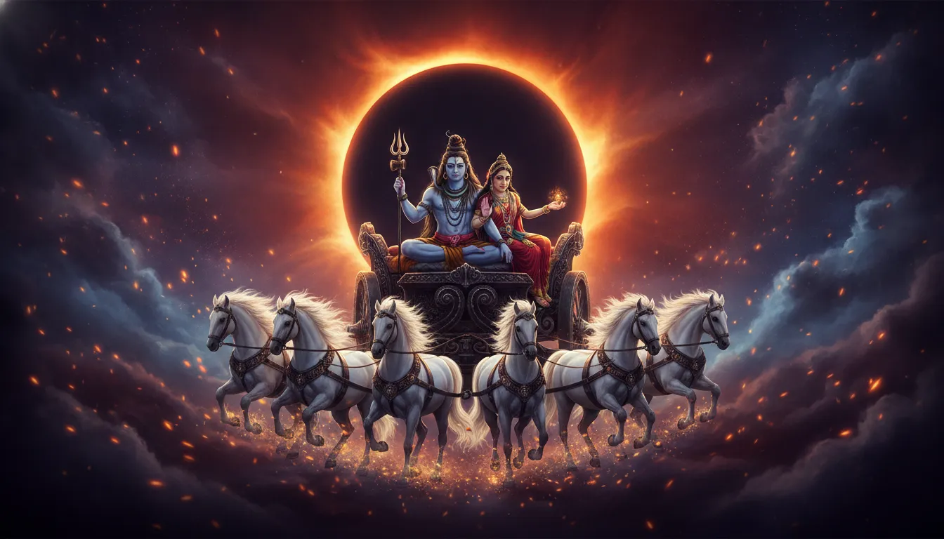 Shiva and Parvati on a cosmic chariot with a giant solar eclipse background