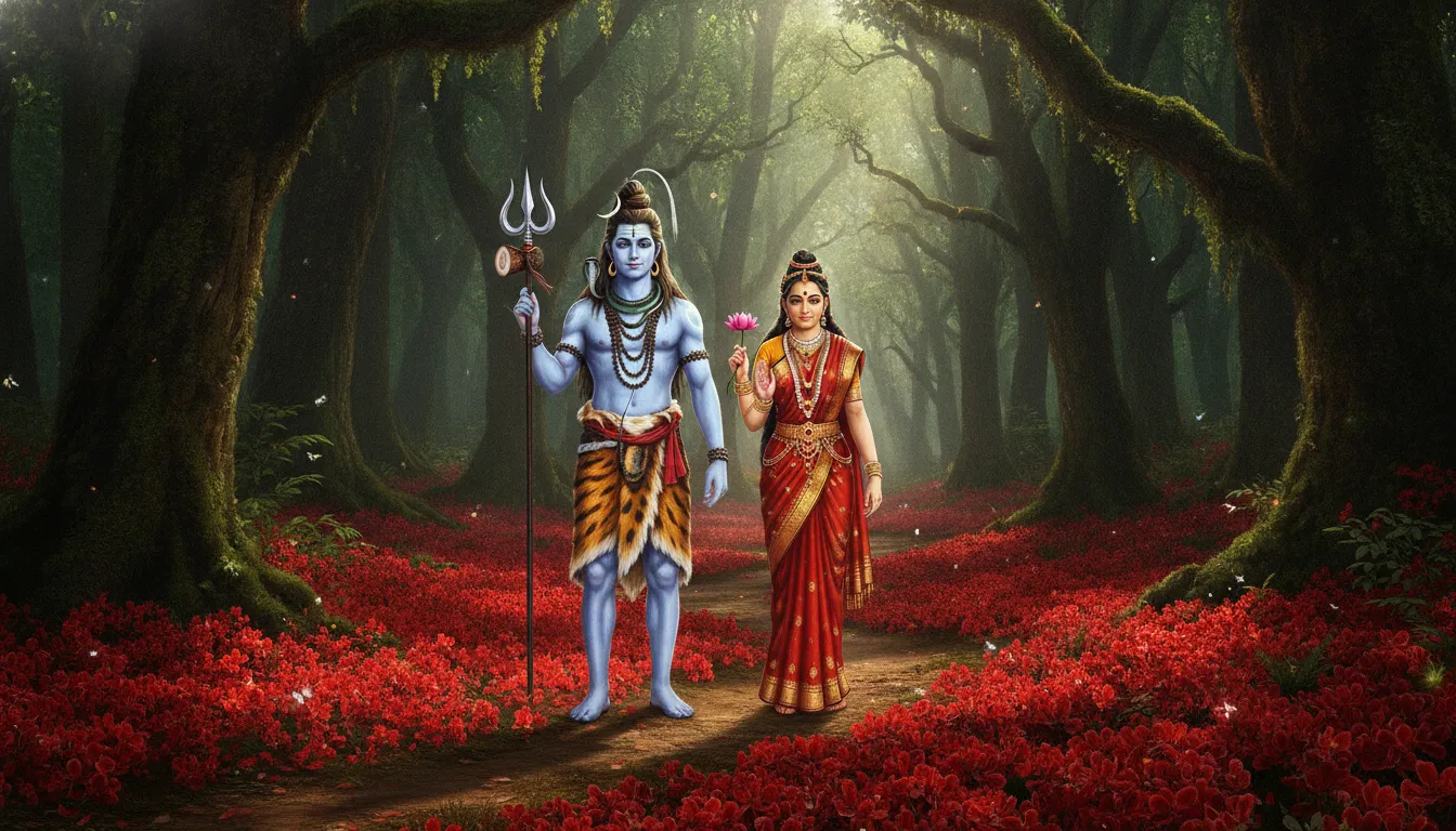 Shiva and Parvati standing together in forest with red flowers