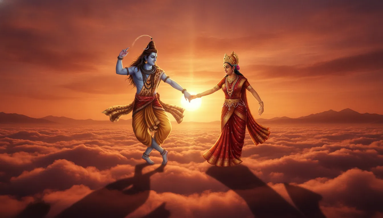 Shiva and Parvati dancing hand in hand on thick orange sunset clouds