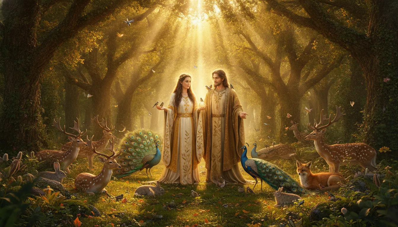 Shiva and Parvati standing in a sunlit forest surrounded by deer and birds