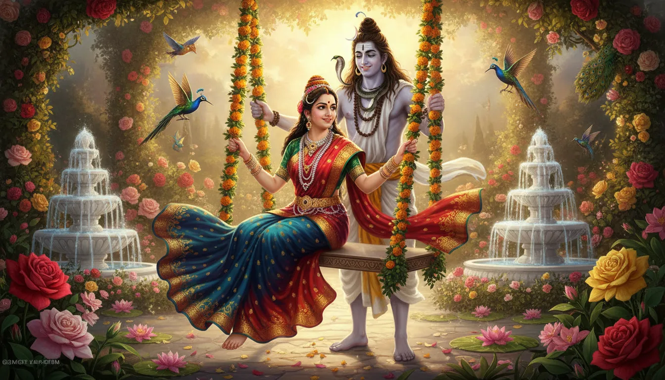 Parvati sitting on a floral swing with Shiva pushing it gently in a celestial garden