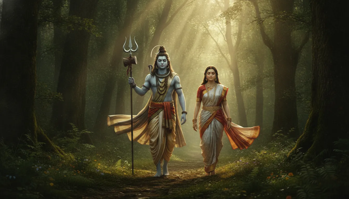 Shiva and Parvati walking side by side in forest holding trident