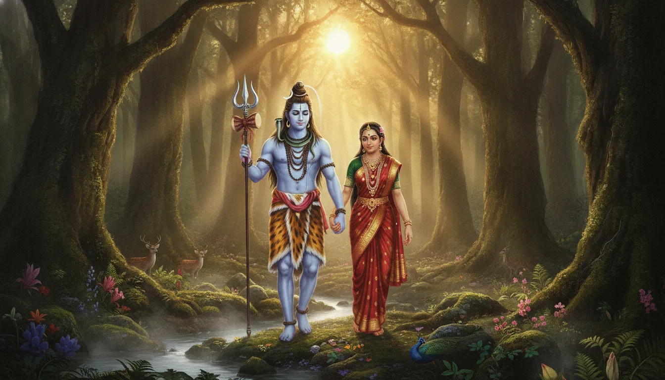 Shiva holding trident walking with Parvati in forest sunrise
