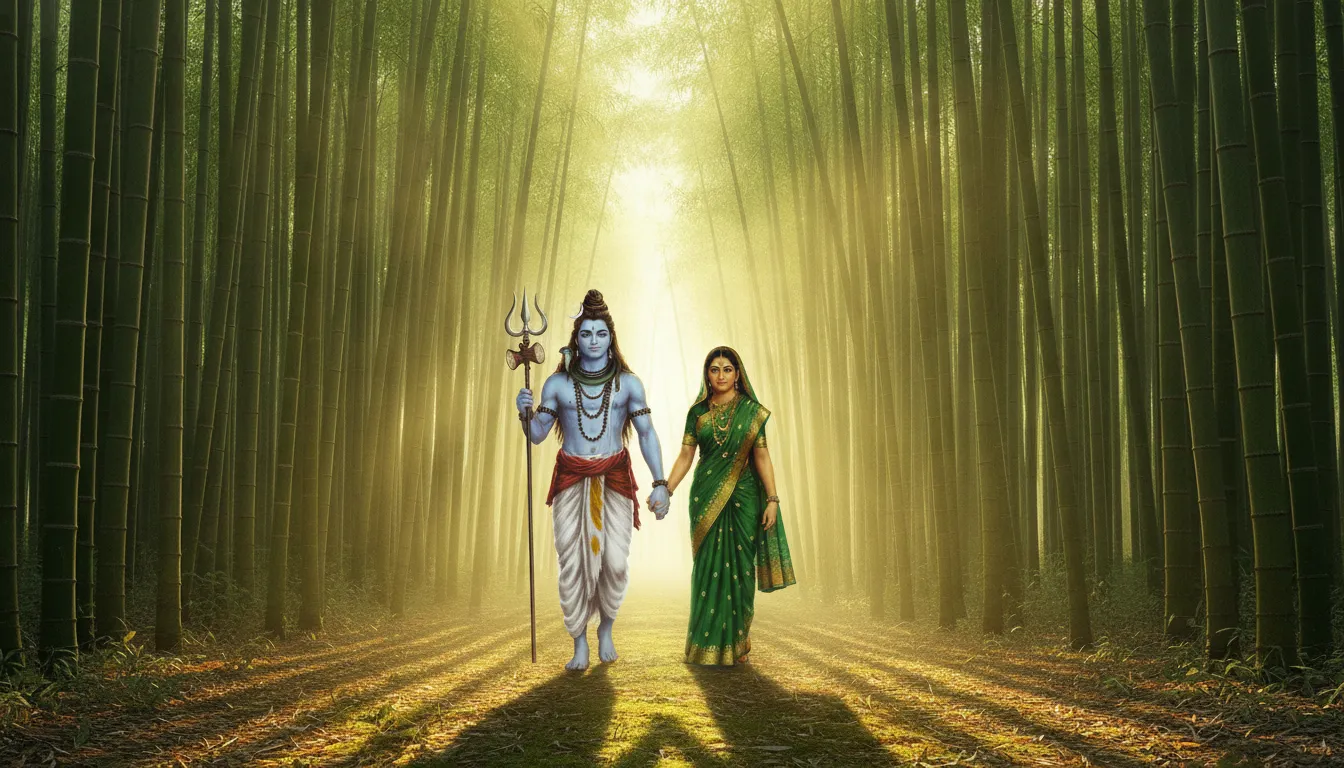 Shiva and Parvati walking through a tall bamboo grove with morning sunbeams