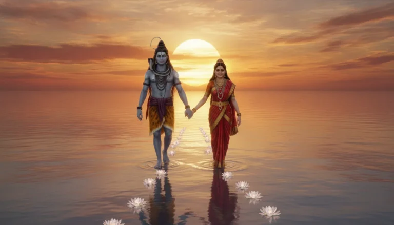 Lord Shiva holding Parvati hand while walking on calm ocean water at sunset