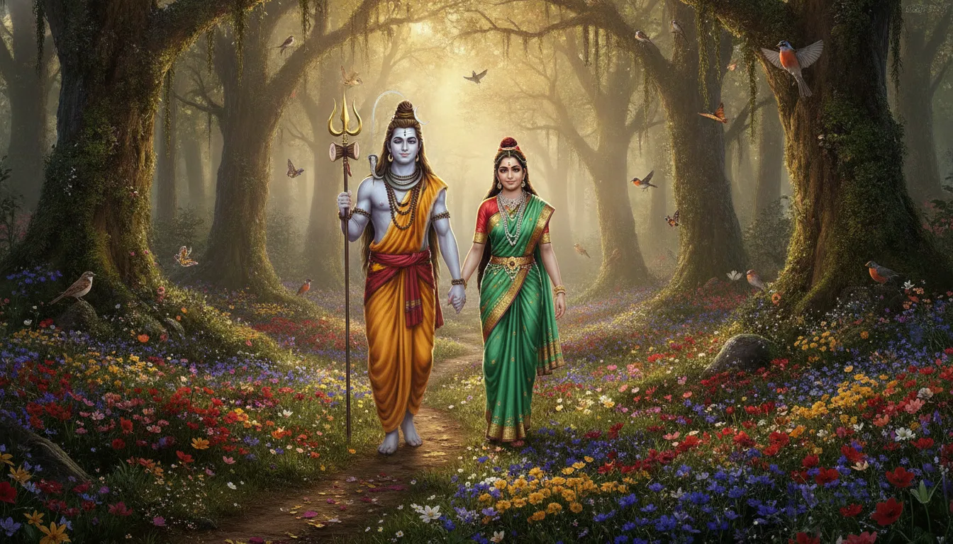 Shiva and Parvati walking on a trail covered in wild flowers during dawn