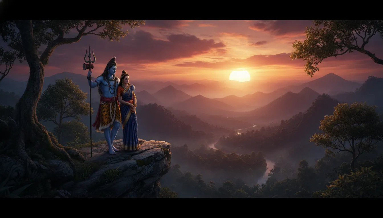 Shiva and Parvati standing on a cliff watching sunrise over distant hills