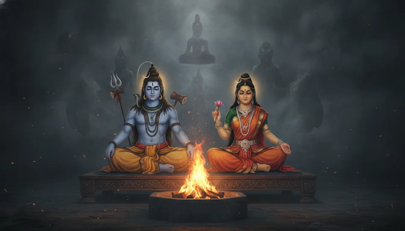 Artistic dark painting of Shiva and Parvati sitting near a spiritual fire with warm highlights