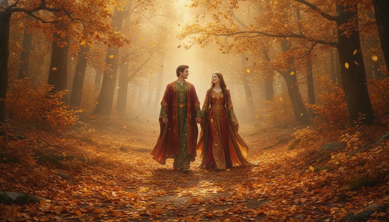 Shiva and Parvati walking on a path covered in orange and golden autumn leaves