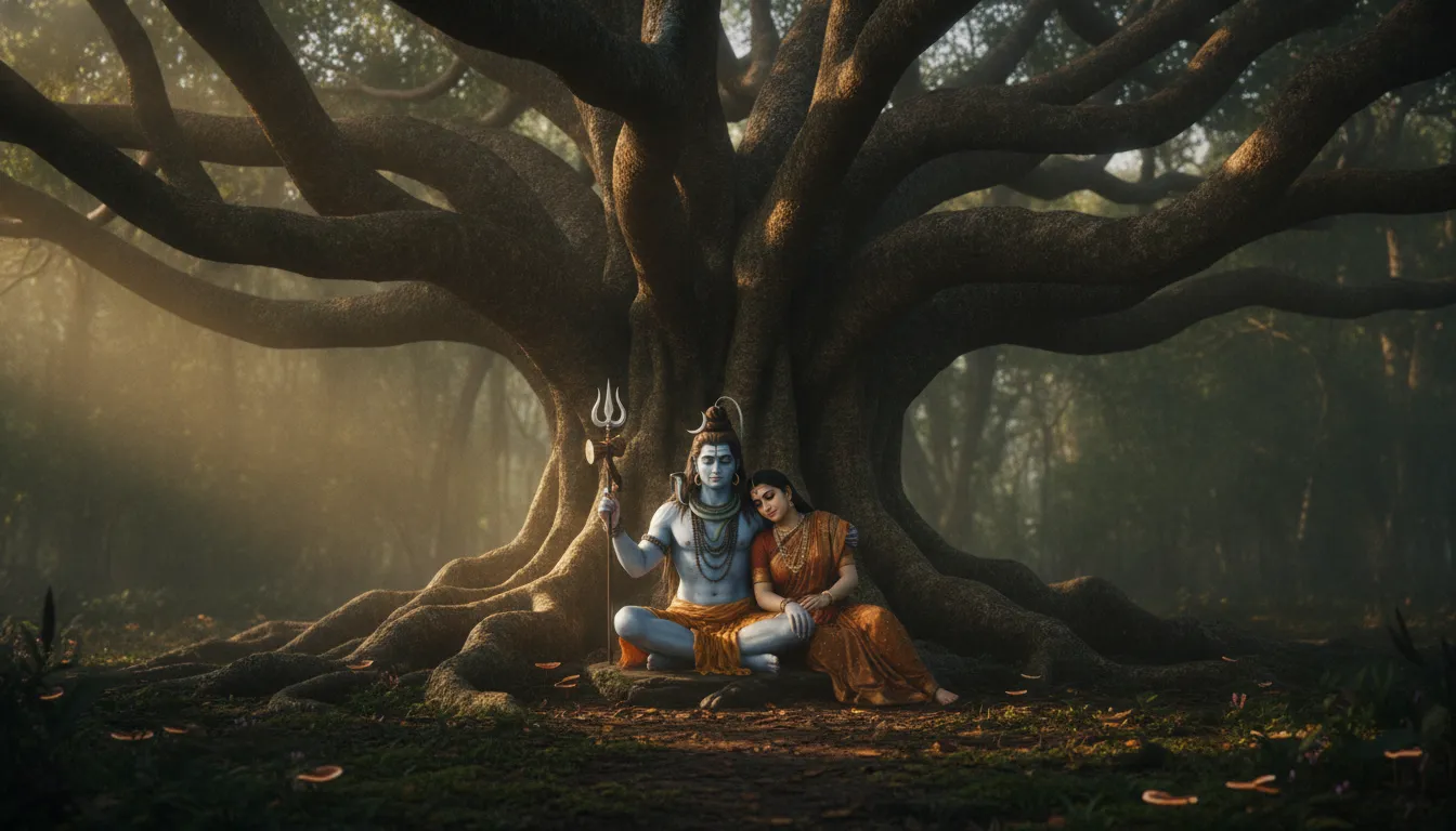 Lord Shiva meditating with Parvati under a huge ancient banyan tree in the woods