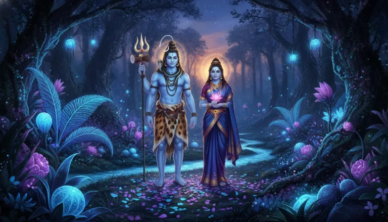 Shiva and Parvati standing next to glowing magical flowers in a dark forest