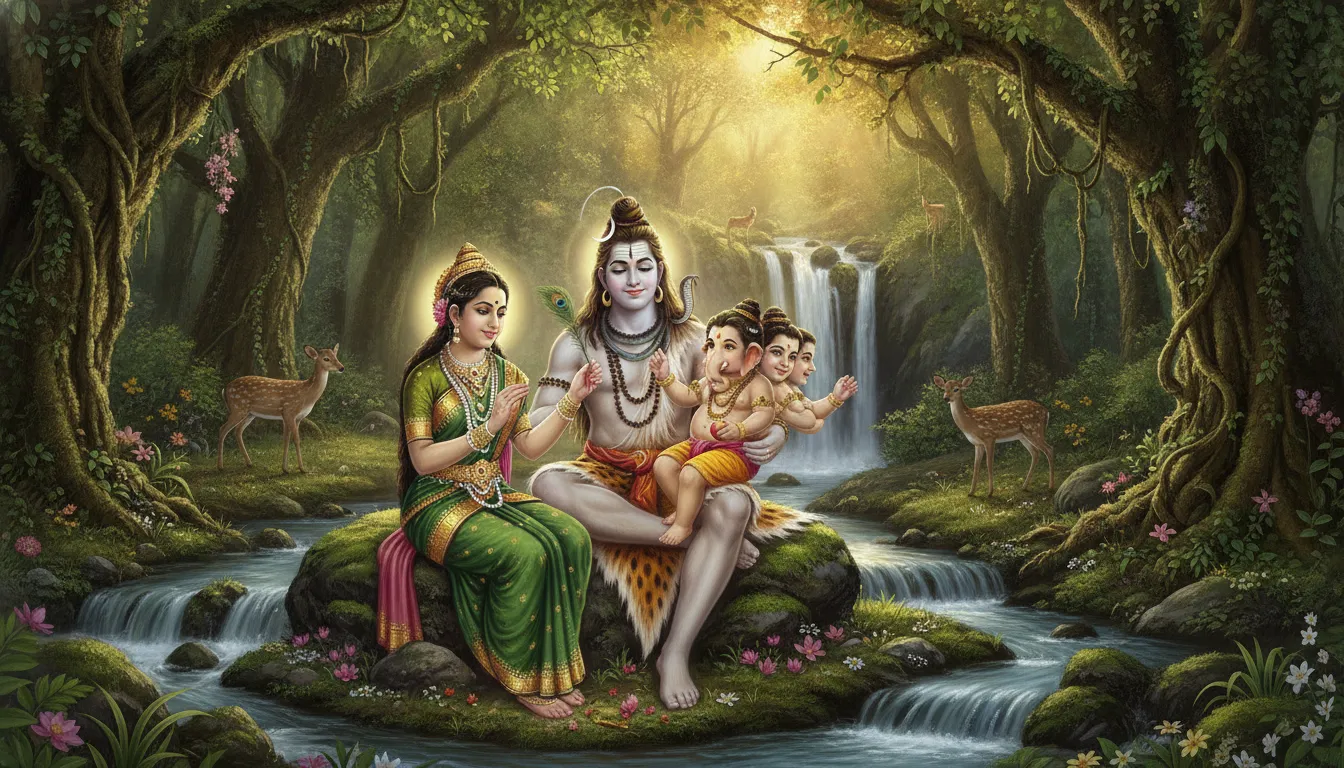 Shiva and Parvati sitting happily with young Ganesha and Kartikeya in a lush forest