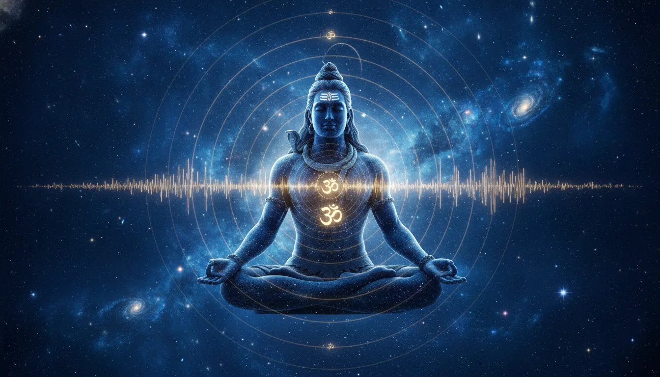 Meditating Lord Shiva surrounded by a cosmic background filled with glowing Sanskrit Om symbols.