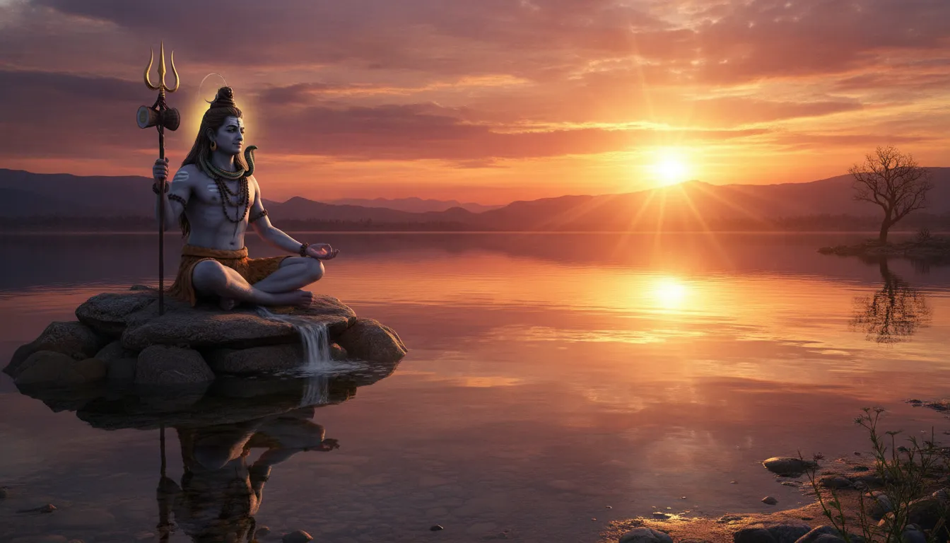 Lord Shiva standing peacefully holding his Trishul among tall green pine trees during a soft morning sunrise.