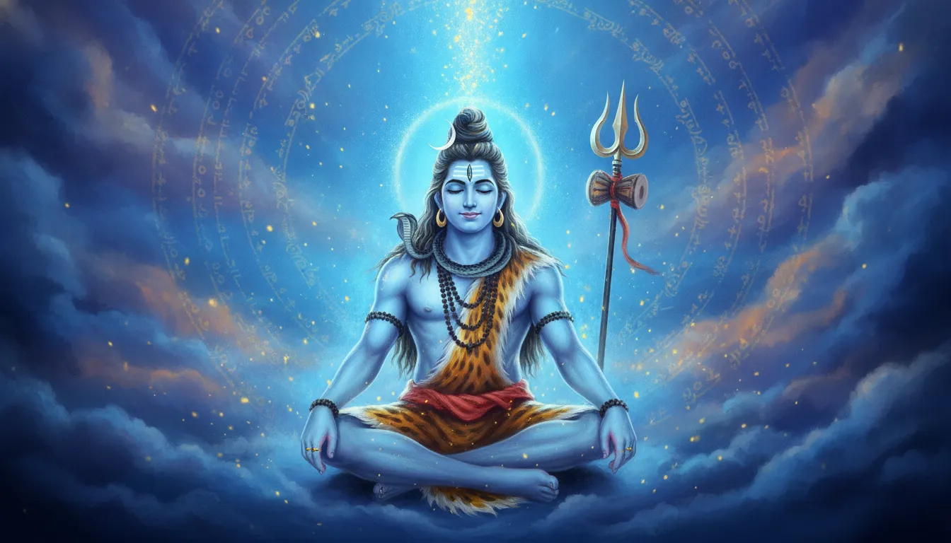 Lord Shiva in ultimate Samadhi state with beautiful golden sparks mixing into a blue aura