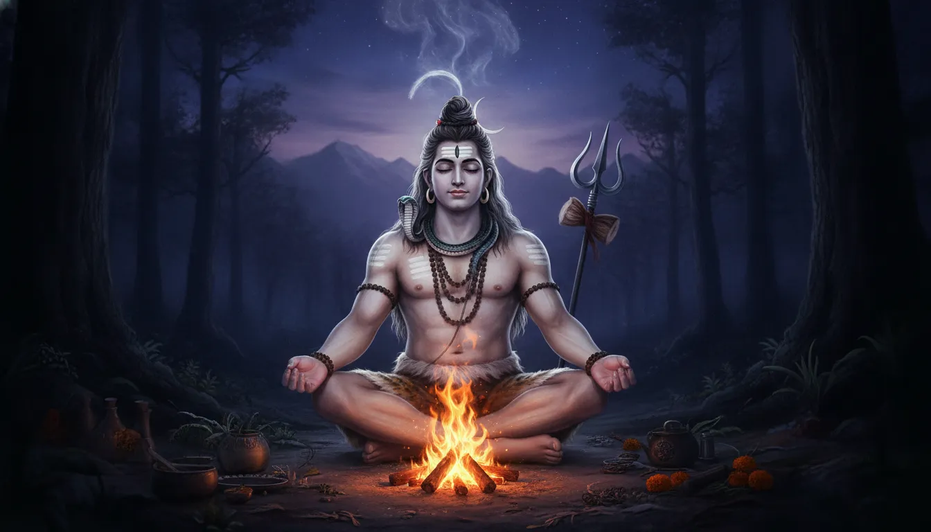 A serene image of Lord Shiva meditating with a small, glowing sacred fire burning peacefully in front of him.