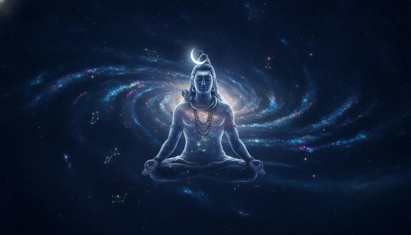 Lord Shiva in deep meditation sitting directly among the stars and galaxies of a midnight blue sky.
