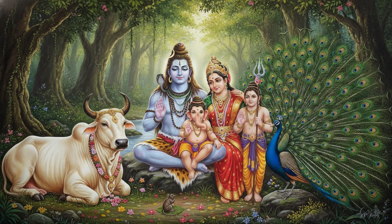 Detailed painting of Shiva with his children surrounded by Nandi the bull and the peacock.
