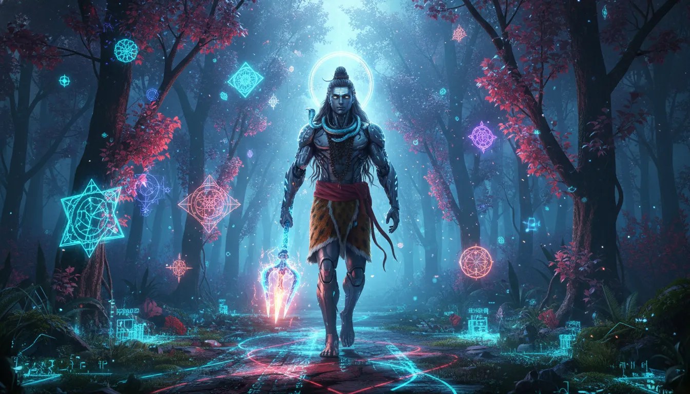 A futuristic spiritual digital art of Lord Shiva walking through a neon cyber forest with geometric light patterns.