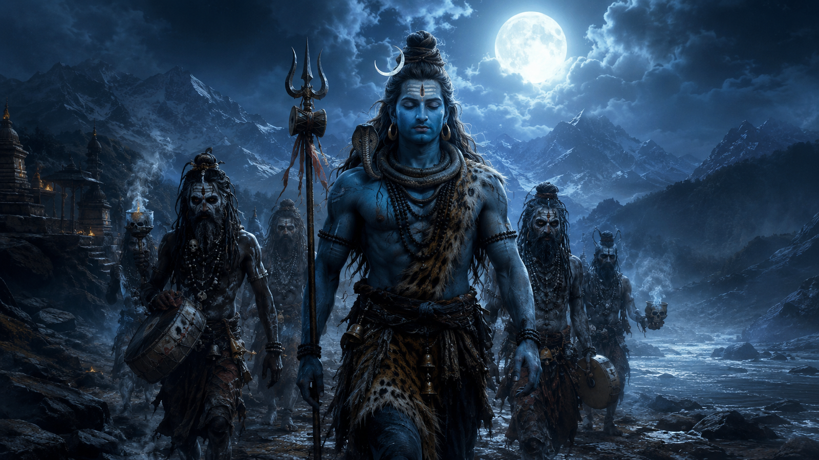 Lord Shiva walking through a moonlit cremation ground accompanied by ash-smeared Aghori sadhus.