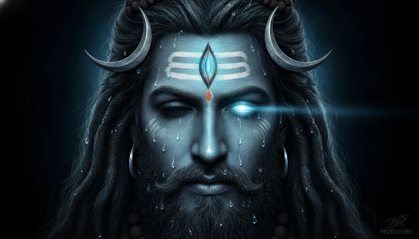 Artistic rendering of Lord Shiva's forehead with the third eye emitting a soft blue light