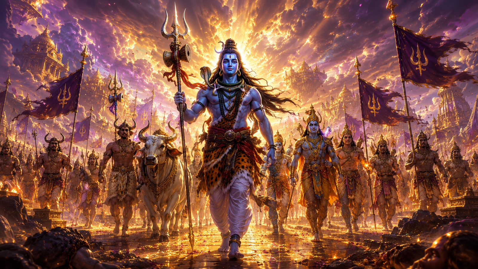 Lord Shiva leading an army of celestial beings, devas, and devotees under a dramatic sky.