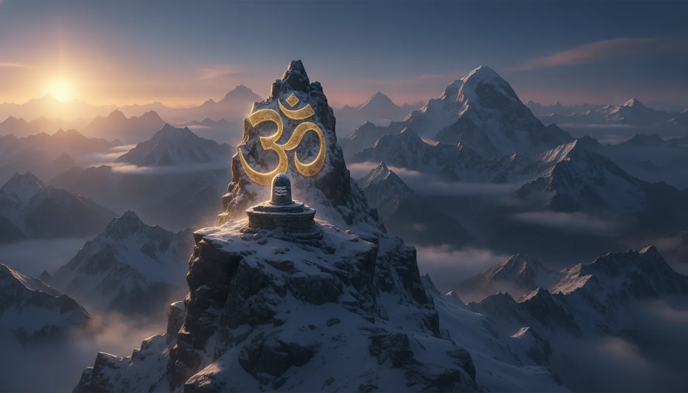 A serene landscape photo featuring a stone Shivling situated on a high mountain peak at sunrise, with the snow-capped Himalayan ranges in the background and a large Om carved into the rock face.