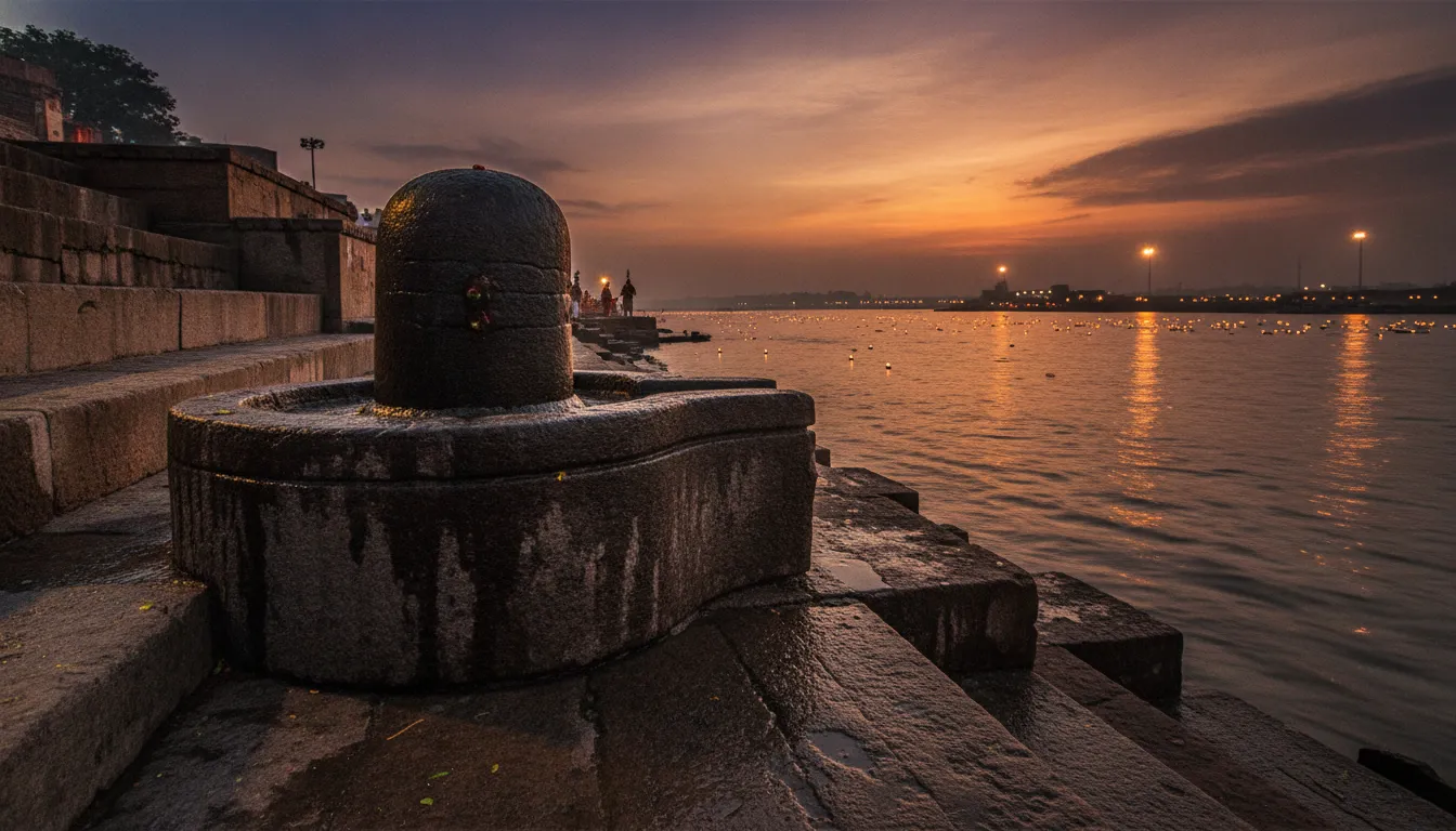 Stone shivling on steps of Varanasi ghat during evening Ganga Aarti