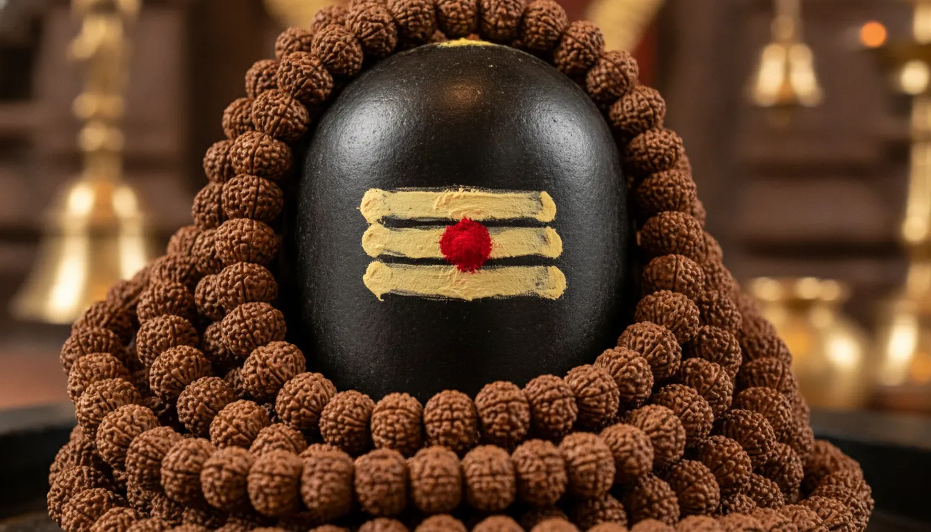 Full hd images of shivling wrapped in multi-layered sacred Rudraksha seed malas and fresh sandalwood markings.