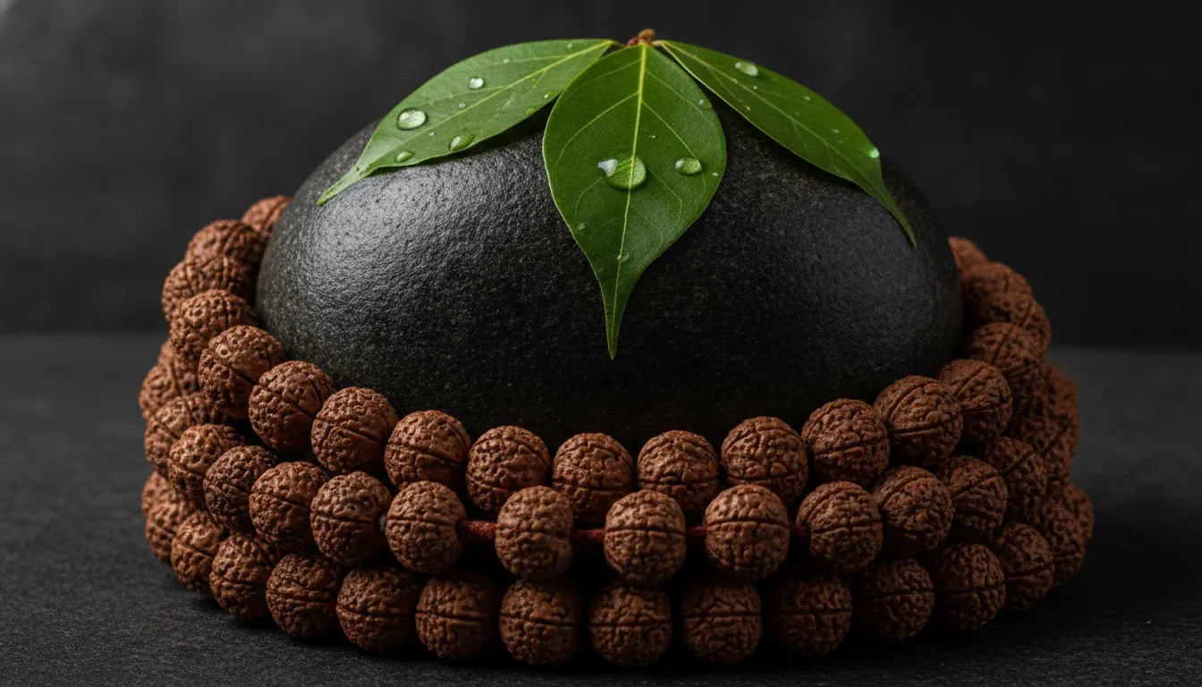 Smooth stone Shivling adorned with sacred Rudraksha malas and fresh green bael leaves.